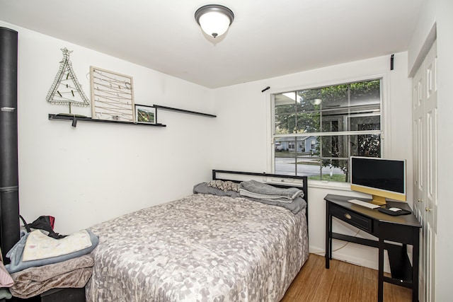 bedroom featuring wood-type flooring and a closet