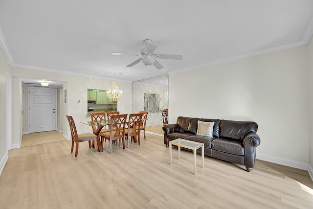 living room with ceiling fan with notable chandelier, light wood-type flooring, and crown molding