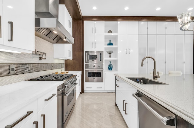 kitchen featuring sink, premium appliances, range hood, decorative backsplash, and white cabinets