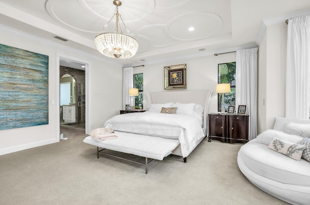 bedroom with a raised ceiling, light carpet, ornamental molding, and an inviting chandelier