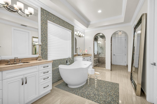 bathroom featuring shower with separate bathtub and tile walls