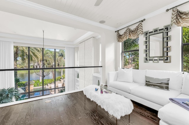 living area with ceiling fan, ornamental molding, and dark wood-type flooring