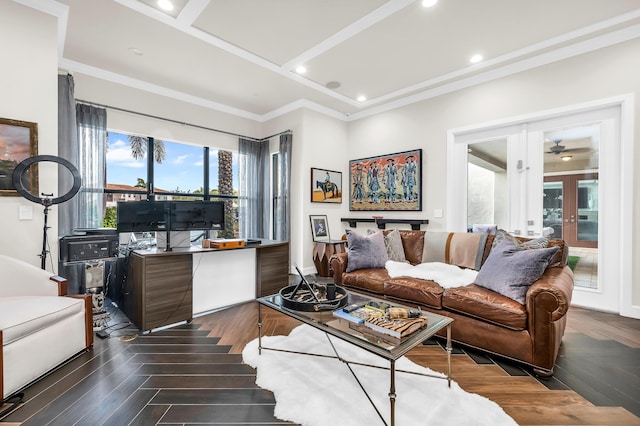 bedroom featuring ensuite bath, crown molding, and dark hardwood / wood-style floors