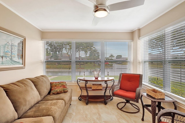 sunroom with ceiling fan