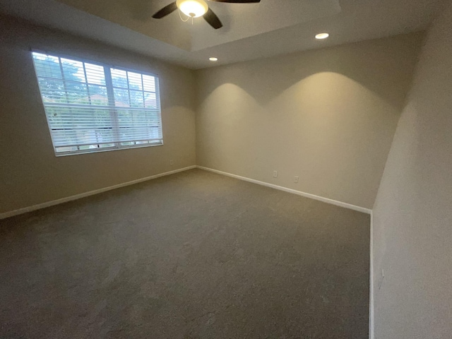 carpeted spare room featuring a tray ceiling and ceiling fan