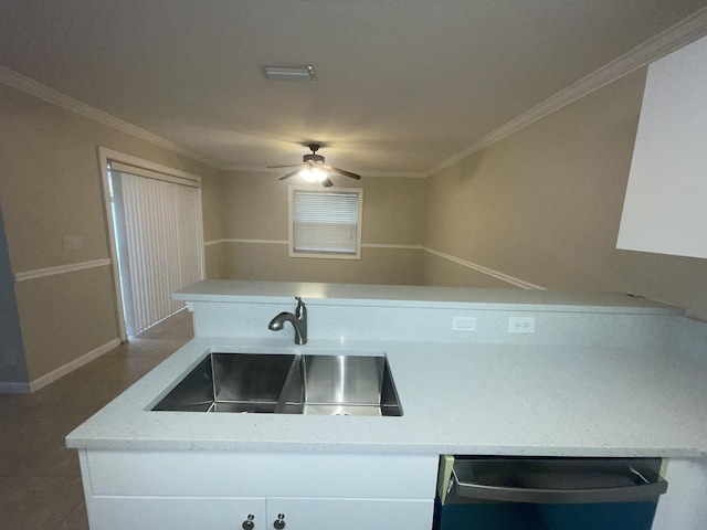 kitchen with dishwasher, white cabinetry, light stone countertops, and sink