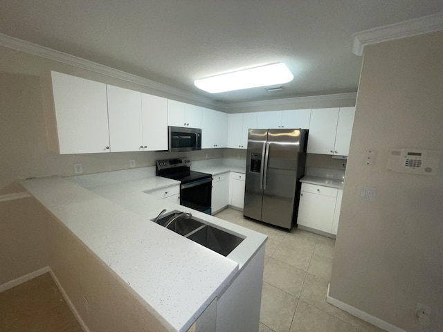 kitchen with white cabinets, kitchen peninsula, and stainless steel appliances