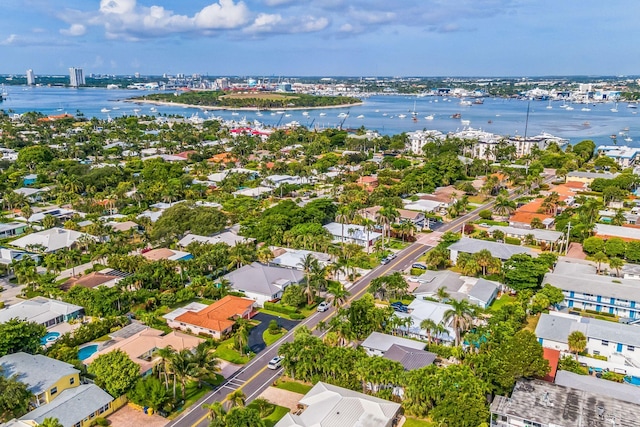 aerial view featuring a water view