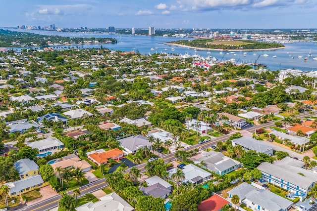 drone / aerial view featuring a water view