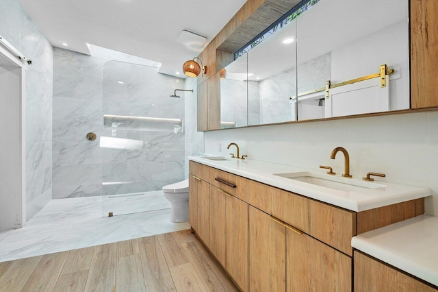 bathroom with a tile shower, vanity, and toilet