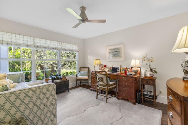 office featuring hardwood / wood-style flooring and ceiling fan