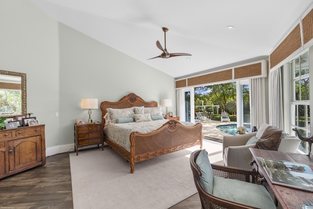 bedroom featuring access to exterior, dark hardwood / wood-style floors, ceiling fan, and lofted ceiling