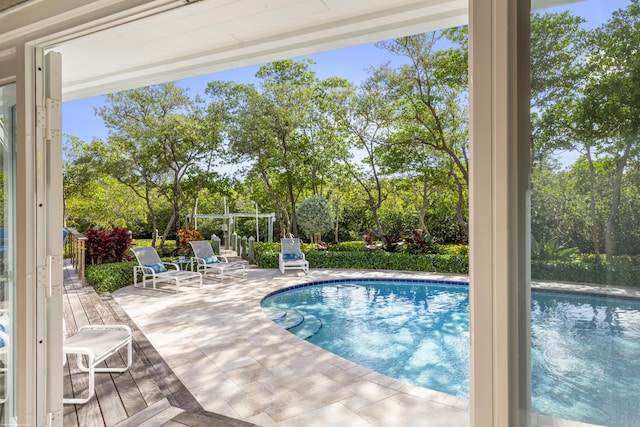 view of swimming pool with a patio area