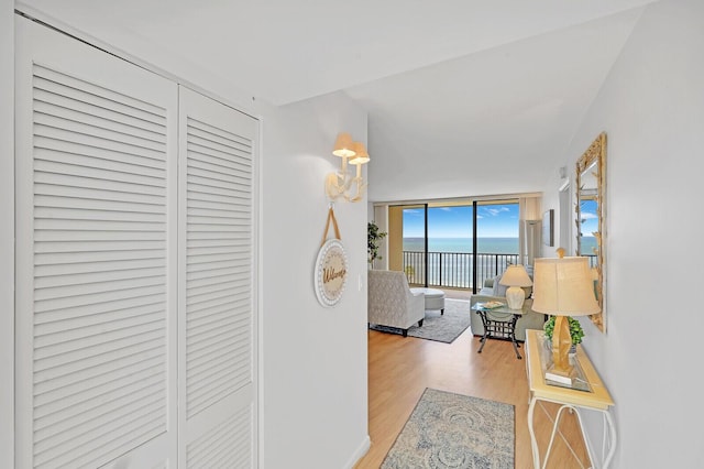 corridor featuring a water view, a wall of windows, and light hardwood / wood-style floors