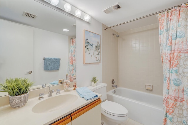 full bathroom featuring vanity, shower / bath combination with curtain, and toilet