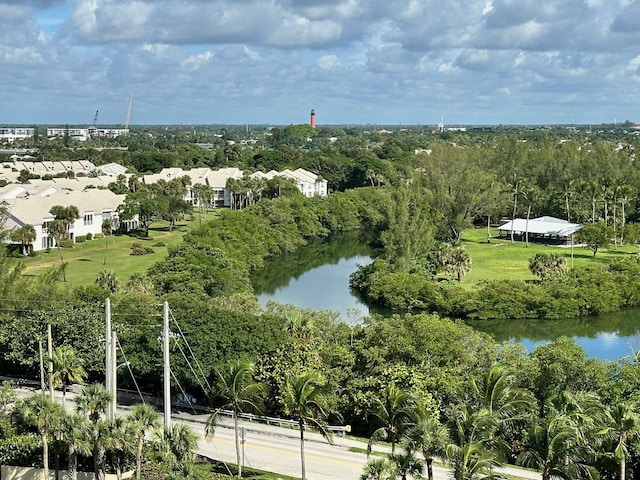 birds eye view of property featuring a water view