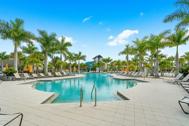 view of swimming pool featuring a patio area