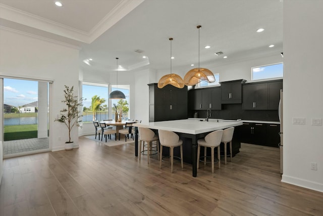 kitchen featuring a large island, sink, a kitchen breakfast bar, pendant lighting, and wood-type flooring