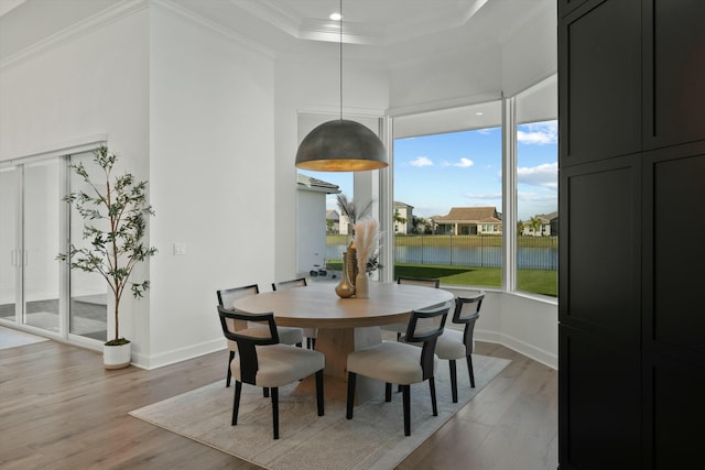 dining room featuring ornamental molding, a water view, a raised ceiling, and light hardwood / wood-style floors