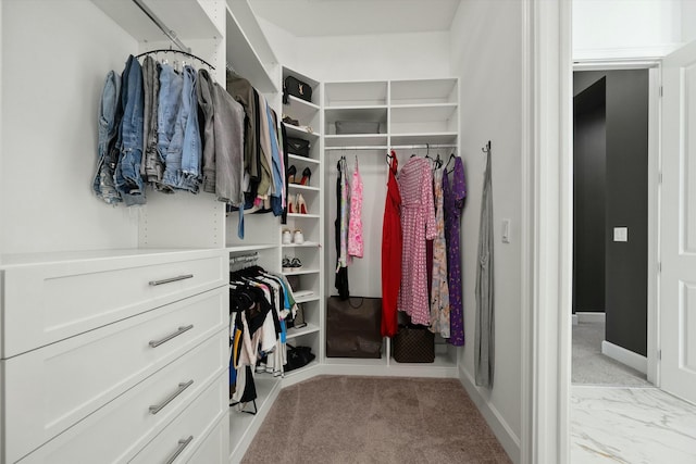 walk in closet with light colored carpet