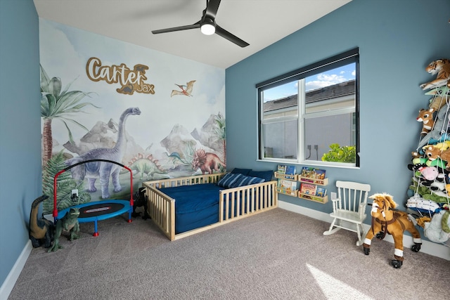 carpeted bedroom featuring ceiling fan