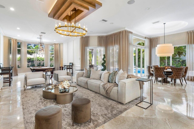 living room with french doors, an inviting chandelier, crown molding, and billiards