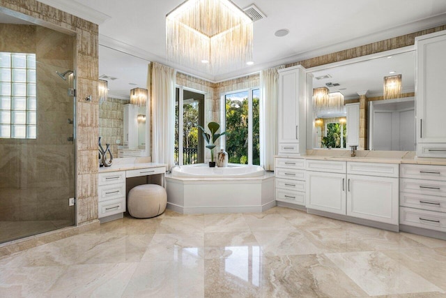 bathroom featuring shower with separate bathtub, vanity, and ornamental molding