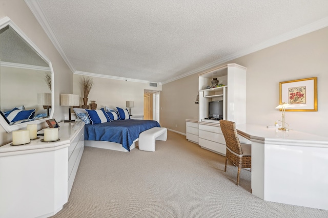 carpeted bedroom with a textured ceiling and ornamental molding