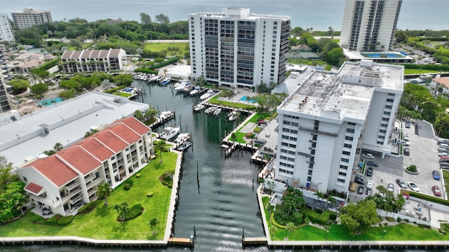 drone / aerial view with a water view