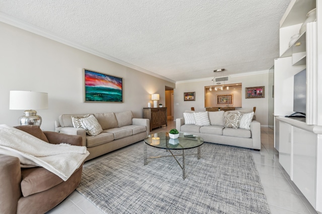 4748 S Ocean Blvd Unit 802, Highland Beach, FL 33487 - living area featuring light tile patterned flooring, ornamental molding, a textured ceiling, and baseboards