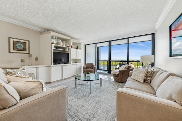 4748 S Ocean Blvd Unit 802, Highland Beach, FL 33487 - living room featuring ornamental molding, a wall of windows, and a textured ceiling