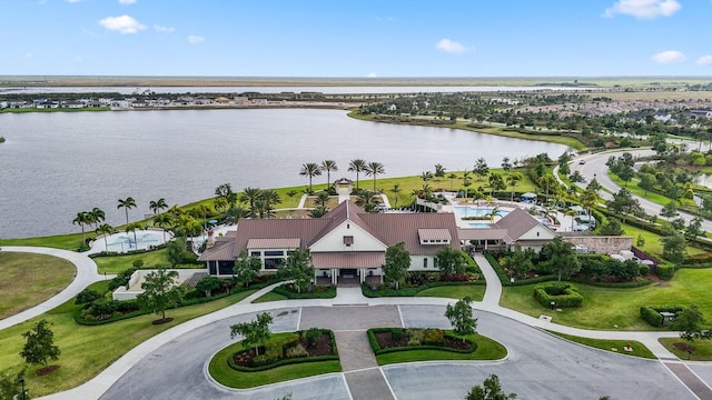 aerial view featuring a water view