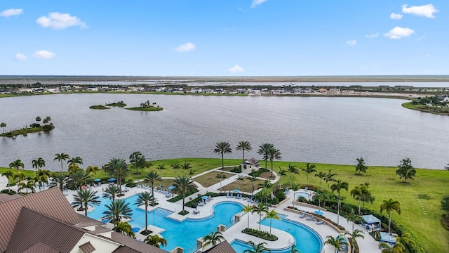 birds eye view of property featuring a water view