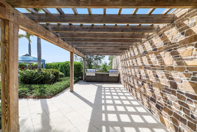 view of patio / terrace with a pergola, exterior kitchen, and grilling area