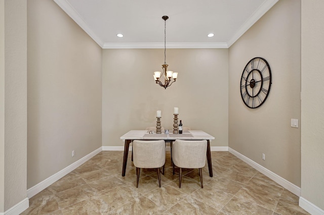 dining area with crown molding and an inviting chandelier