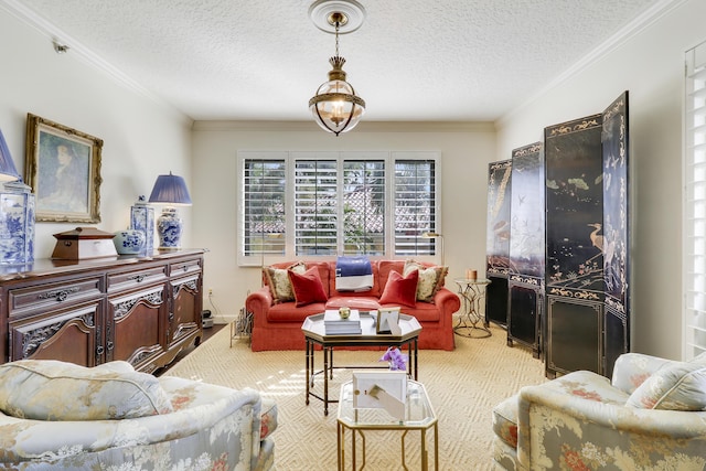 living room with a textured ceiling and ornamental molding