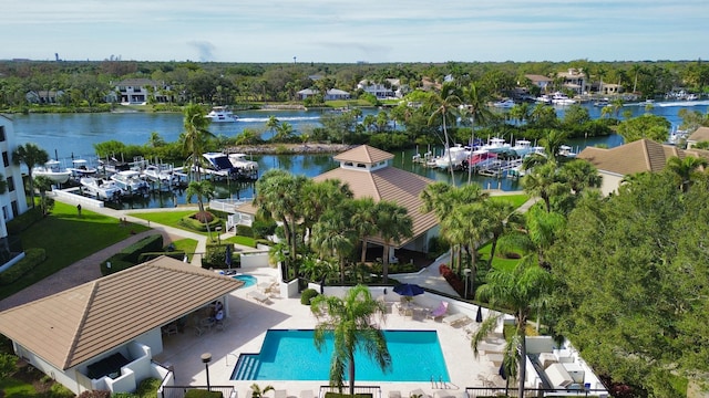 drone / aerial view featuring a water view