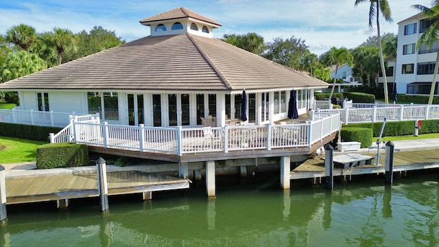 view of dock featuring a deck with water view