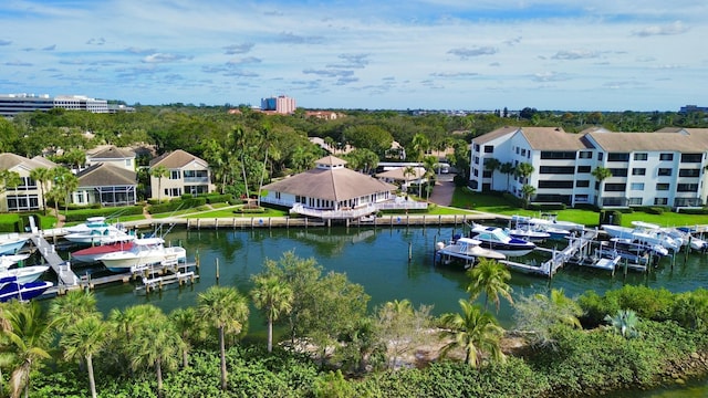 birds eye view of property featuring a water view