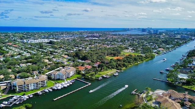 bird's eye view with a water view