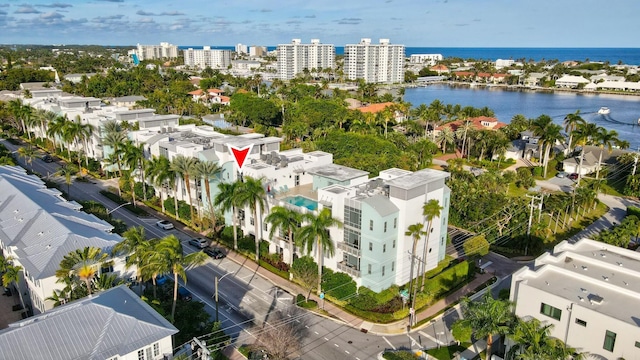 drone / aerial view featuring a water view