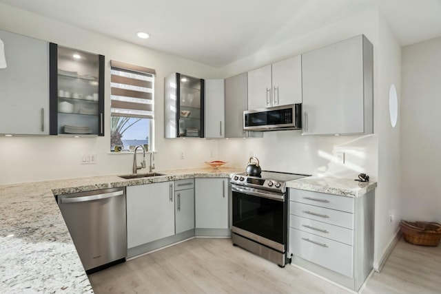 kitchen featuring light stone counters, sink, light wood-type flooring, and stainless steel appliances