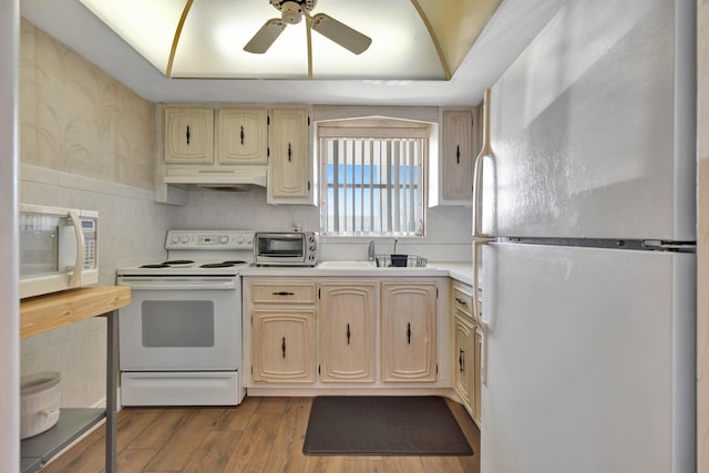 kitchen with ceiling fan, sink, white appliances, and light hardwood / wood-style flooring