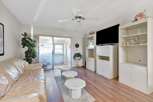 living room with ceiling fan, light hardwood / wood-style flooring, and a textured ceiling