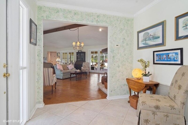 interior space featuring a notable chandelier and crown molding