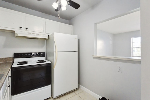 kitchen with white cabinetry, ceiling fan, range hood, white appliances, and light tile patterned floors