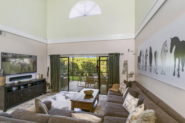 living room with a towering ceiling