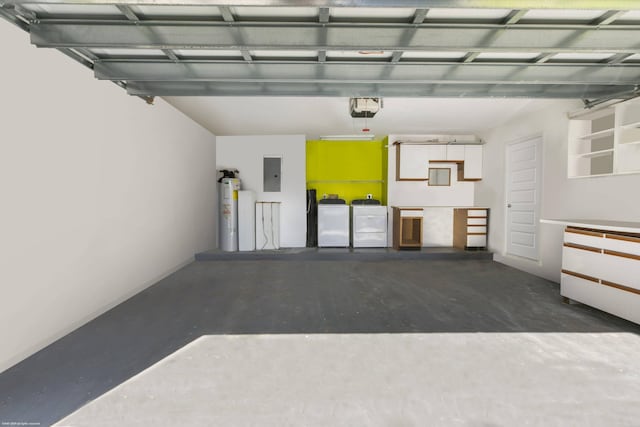 garage with a garage door opener, washing machine and dryer, water heater, and electric panel