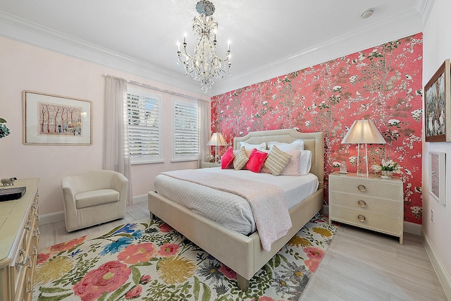 bedroom with ornamental molding, light wood-type flooring, and a notable chandelier