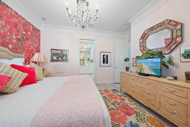 bedroom with ornamental molding, light hardwood / wood-style flooring, connected bathroom, and a chandelier